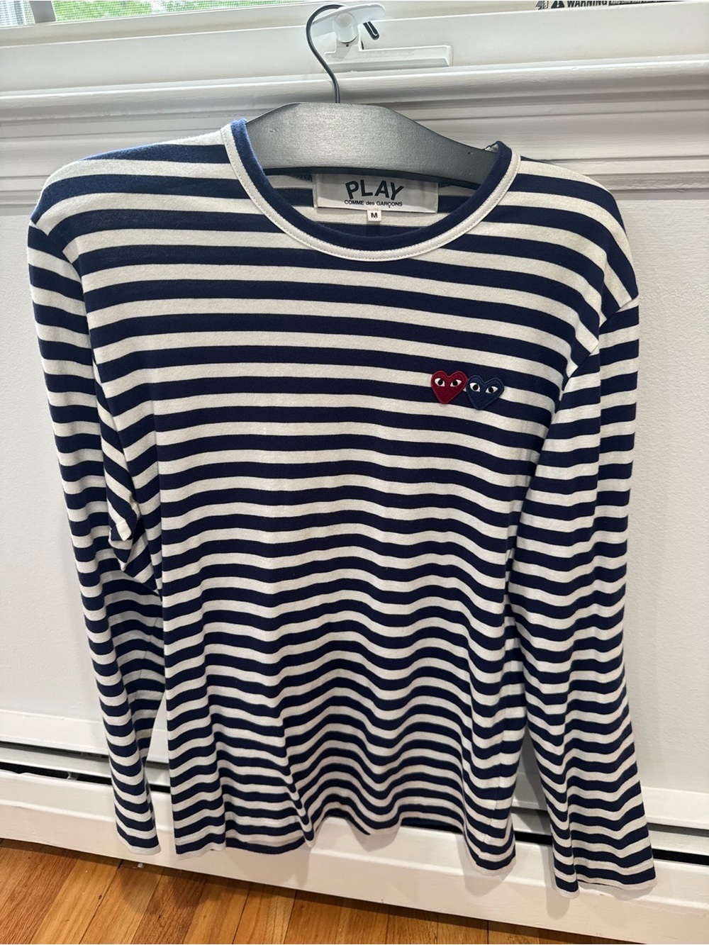 Comme des Garçons PLAY Navy & White Striped Heart Patch Tee